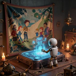 a beautiful tapestry, a small robot playing a futuristic holographic game, ultra detailed, isometric view atmospheric lighting, steampunk, moody, candles, characters from machinarium, by don bluth, trending on artstation, octane render, 8 k, ultra realistic