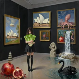 painting of flooded art gallery with paintings on black walls, emo girl holding lettuce, sydney opera house, long black boots, pomegranates, octopus, waterfall, stone sculpture, zen, black swans, berries, surrealist, by magritte and monet