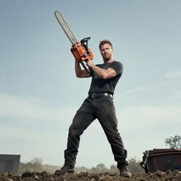 a man holding a chainsaw in the air, by jamie hewlett