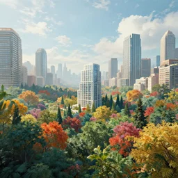 a bright and colorful forest with a single building based on the architecture of ricardo bofill within an urban megacity, sci - fi, light blue sky with clouds, dramatic matte painting, cinematic lighting, style by vincent van gogh, 8 k, octane render, photorealistic, hyperrealism