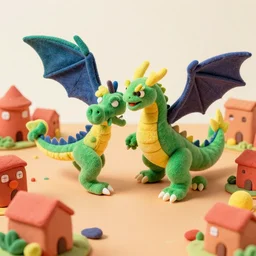 felt dragon attacking a clay town, colorful, vibrant