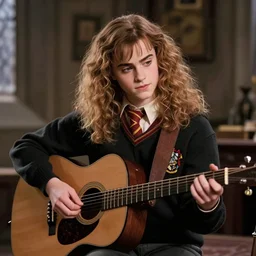 Hermione Granger/Emma Watson wearing a black sweater, playing a guitar, in the Gryffindor common room, portrait photo by Ivan Shishkin