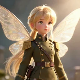 cinematic shot of an epic portrait of a cute blonde fairy dressed in military clothes, stylised military clothes, large wings on back, shiny skin, beautiful, small details, realistic poster with volumetric light from jeremy lipkin and michael garmash, craig mallism, artgerm, unreal engine, radiant light, digital art, trends at art station, a masterpiece