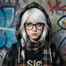 highly detailed portrait of a sewer punk lady student, glasses, blue eyes, tartan hoodie and scarf, white hair by atey ghailan, by greg rutkowski, by greg tocchini, by james gilleard, by joe fenton, by kaethe butcher, gradient blue, black, brown and cream color scheme, grunge aesthetic!!! ( ( graffiti tag wall background ) )