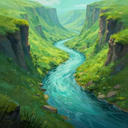 alien river surrounded by grassy cliffs. vibrant, painting from a sci - fi novel cover, award winning concept art, in the style of no man's sky, trending on artstation