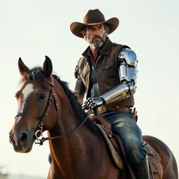 a beautiful portrait of a grizzled cowboy with futuristic cybernetic glowing enhancements, high key lighting, hdr, dynamic pose, mounted on a horse, sci - fi, cyberpunk by greg rutkowski, ruan jia, jules bastien - lepage, 8 k
