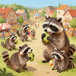 a raccoon festival in a quaint town, raccoons eating, extremely happy raccoons, festival painting, overhead view, elegant intricate digital painting artstation concept art by mark brooks and brad kunkle detailed