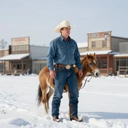 a western town cowboy in the snow