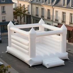 huge white adult bouncy castle playground on the paris street, between houses, style by anish kapoor, parts by shih chieh huang, warm soft light, bird view, telephoto lens, shallow depth of field realistic, 8 k, hyperrealism, subsurface scattering, raytracing