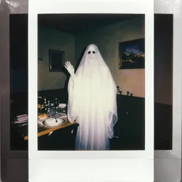 coloured atmospheric polaroid photo of a realistic wraith figure in a interior of dining room low light atmospheric