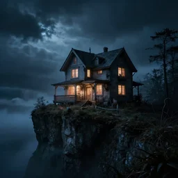 in the style of jeremy lipking, dean cornwell, tim jacobus : : stunning, spooky house on a cliff : : lighting, clouds : : night time, cinematic lighting : :