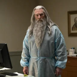 photograph of gandalf in the exam room of a doctors office, wearing a disposable medical gown