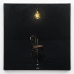 painting of black cave lake, chair under an edison bulb in empty black space, cgsociety, steampunk, surreal, extreme contrast, sunken in black water, void, liminal space