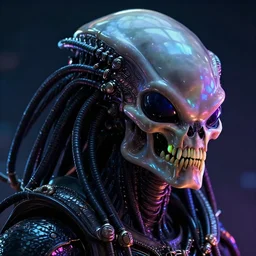 cyberpunk alien portrait, hyper realistic shiny textures 8 k, alien vs predator skull, vaporwave miami, elongated head, intricate details, fluorescent glow, science fiction space horror, unreal engine, dark, heavy shading, depth of field