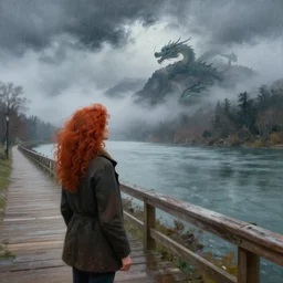 a realistic painting of a woman with curly long red hair standing in a boardwalk besides a river looking at a dragon in the mountains covered by a fog in a thunderous weather