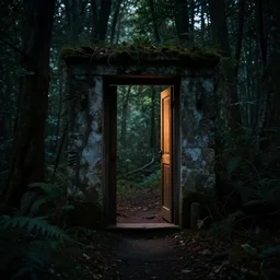 Secret lit doorway portal in the dark mysterious forest photorealistic