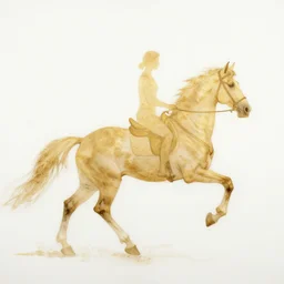 beautiful serene horse rider, healing through motion, life, minimalistic golden and ink airbrush painting on white background