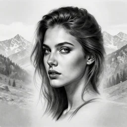 tattoo design sketch of a beautiful woman face faded with a faded background of beautiful mountains and nature on her side, hyper - realistic, in the style of den yakovlev, amazing detail, black and white