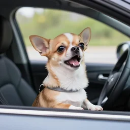 chihuahua driving a car while barking