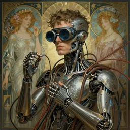 a guy connected to wires and tubes, wearing goggles, cybernetic, dystopian, Neo Rococo Expressionist, Maximalism, orientalism, diffuse lighting, fantasy, intricate, elegant, highly detailed, lifelike, photorealistic, digital painting, artstation, illustration, concept art, smooth, sharp focus, art by John Collier and Albert Aublet and Krenz Cushart and Artem Demura and Alphonse Mucha