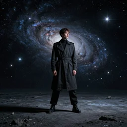 fashion editorial in the void deep space. stars and galaxies in the background. wide angle shot. highly detailed. depth of field. high definition. 8k. photography.