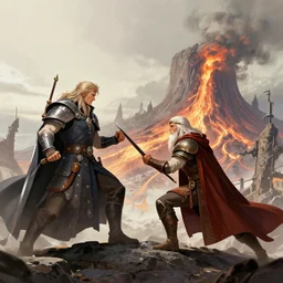 gil - galad and king elendil fighting sauron at the slopes of mount doom 4 k, concept art, by wlop, ilya kuvshinov, artgerm, krenz cushart, greg rutkowski, pixiv. cinematic dramatic atmosphere, sharp focus, volumetric lighting, cinematic lighting, studio quality