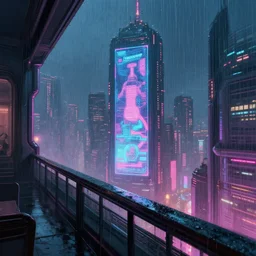 cyberpunk sci - fi city, balcony view, neon lights, lens flare, scale, heavy rain, deep focus, d & d, retro - futuristic,, intricate, elegant, highly detailed, digital painting, artstation, holographic ads, concept art, cyberpunk, need 4 speed, matte, sharp focus, illustration, art by artgerm and moebius and ralph mcquarrie