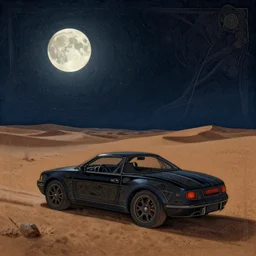 someone driving at night with the moon in the sky, desert, concept art, fantasy, intricate, highly detailed, digital painting, elegant