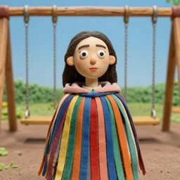 a closeup portrait of a woman wearing a cloak made of ribbons, staring at an empty swing playground, claymation, 8 k, medium - format print
