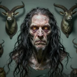 portrait of a old underwater fish man hybrid with long wet tattered tangles of thinning black hair, eerie glowing eyes, wall hanging trophy taxidermy, hyper realistic head, fantasy art, in the style of greg rutkowski, zdizslaw beksinski, intricate, alphonse mucha, hyper detailed, smooth
