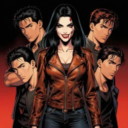 Rafael Albuquerque comic cover art, loish, Sam yang, artgerm, Ross tran,  pretty female Samara Weaving vampire, very sharp fangs blood on face face, sarcastic smile, symmetrical eyes, symmetrical face, brown leather jacket, jeans, long black hair, middle shot, highly saturated, deep blacks