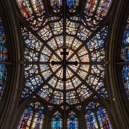 crusaders cross in the middle of a detailed symmetric geometric stained glass cathedral ceiling