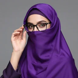 beautiful girl wearing cateye glasses and purple niqab, studio lighting
