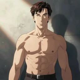 Still of Benedict Cumberbatch with a very muscular body type, anime art, anime style