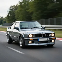 a rolling shot of a modified bmw e 3 0 with lights on, on a street race track, motion blur, 1 5 0 mm lens