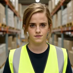 photo, close up, emma watson in a hi vis vest, in amazon warehouse, portrait, point and shoot camera,