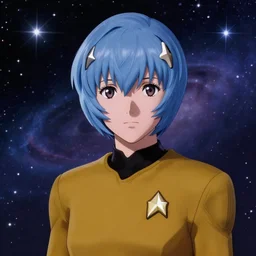 Portrait of Rei Ayanami, as a Starfleet officer, Starfleet uniform, stars, nebula, sparkling, bokeh, 50mm, highly detailed by Paul Lehr