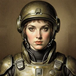 a close up illustration of an intergalactic female soldier, symmetrical, 8 k, highly detailed, intrincate, elegant, digital painting, by gustave dore, artgerm, ken kelly, frazetta