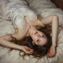 highly detailed oil painting, portrait of beautiful girl wearing night gown laying in her bed, fantasy character portrait, dynamic pose, above view, top lighting, realistic shaded, perfect face, 8 k realistic, hyper detailed, digital painting, artstation, concept art, hyper detailed eyes, top lighting, art by sam spratt