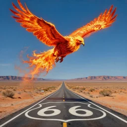 a hyperrealistic painting of a phoenix aflame, flying over route 66 in the desert, realistic, simon stalenhag style