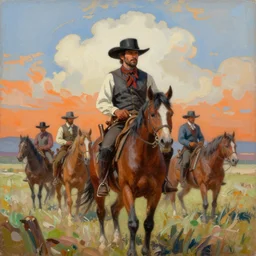 ismail inceoglu epic painting of a wild west book cover, year 1 8 7 0, line art, ink, art concept for a book cover!!, red dead redemption, warm colours, blue and orange and green and grey and white colors, astonishing sky, oil painting, think brushstrokes, highly detailed, centered, hyperrealism, romantic, concept art, smooth, sharp focus trending on artstation, by greg manchess and by craig mullins and by kilian eng and by jake parker