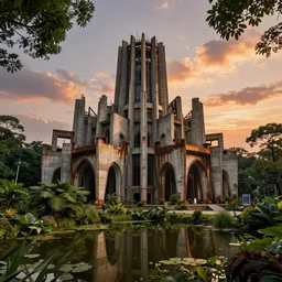 an extremely detailed cathedral of brutalist architecture, surrounded by lush green forest, accurate reflections in murky ponds of water, stunning volumetric lighting, sunset, rusted steel, smooth concrete, stunning skies, trending on Artstation, 8k, photorealistic, hyper detailed, unreal engine 5, IMAX quality, cinematic, epic lighting, in the style of Doom and Greg Rutkowski