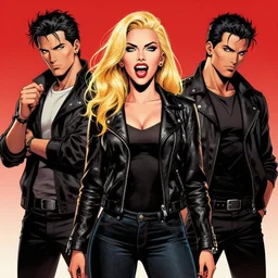 rafael albuquerque comic art, peter mohrbacher, steve niles, artgerm, pretty scarlett johansson vampire sharp vampire teeth open mouth, symmetrical eyes, black leather jacket, jeans, long blonde hair