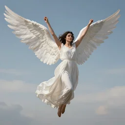 beautiful rumanian dark haired angel soaring in the sky, wide - angle, ultra - detailed, digital art, trending in artstation, cinematic lighting, studio quality, smooth rendering, victorious pose, concept art, smooth, clear focus, illustration greg rutkowski, artey freytag, alex grey