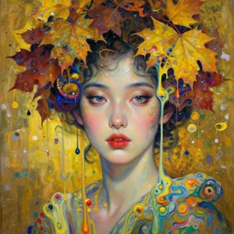 close - up portrait of beautiful girl by irakli nadar with intricate detailed color smashing fluid oil paint and acrylic, autumn leave headdress, melting wax, mycelia, abstract impressionism, ruan jia, fantasy, hyper detailed, concept art, by peter mohrbacher and gustav klimt,