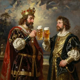 A detailed oil painting of a majestic emperor toasting with a large beer mug by John Parrot and Robert Lefevre
