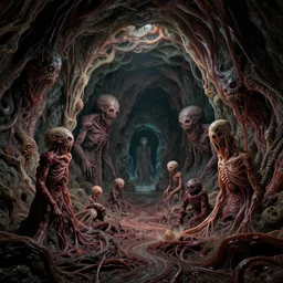 a horrifying terrifying mysterious ominous creepy scary dark cave built out of flesh and monsters, sci - fi, fantasy, abstract art, surrealism, horror, body horror, lovecraftian, retrofuturism, traditional art, 4 k, hd, unreality, concept art, digital art, trending on artstation