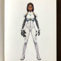 pose reference sheet for young warrior princess, white tactical suit, dark skin, art by moebius, art by adam hughes