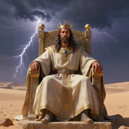 a man with a crown on his head, dressed in a robe, sitting on a throne, in the desert, in the background a thunderstorm, by greg rutkowski, digital art, epic, 8 k, hyperdetalied, cgsociety,