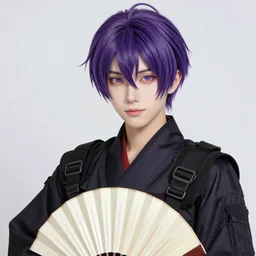 gorgeous!!! hyper - realistic teenager boy with purple hair, purple eyes with red eye markets, wearing combat japanese clothes, holding a fan | drawn by wlop, drawn by jeehyung lee, drawn by artgerm | intricate, highly detailed, digital painting, character design, concept art, illustration, artstation